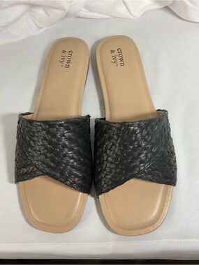 crown & ivy Black Woven Slide Sandals with Tan Footbed